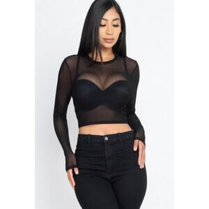 HackleBee | Women's Black Sexy Sheer Mesh Long Sleeve Crop Top Size S, M, L